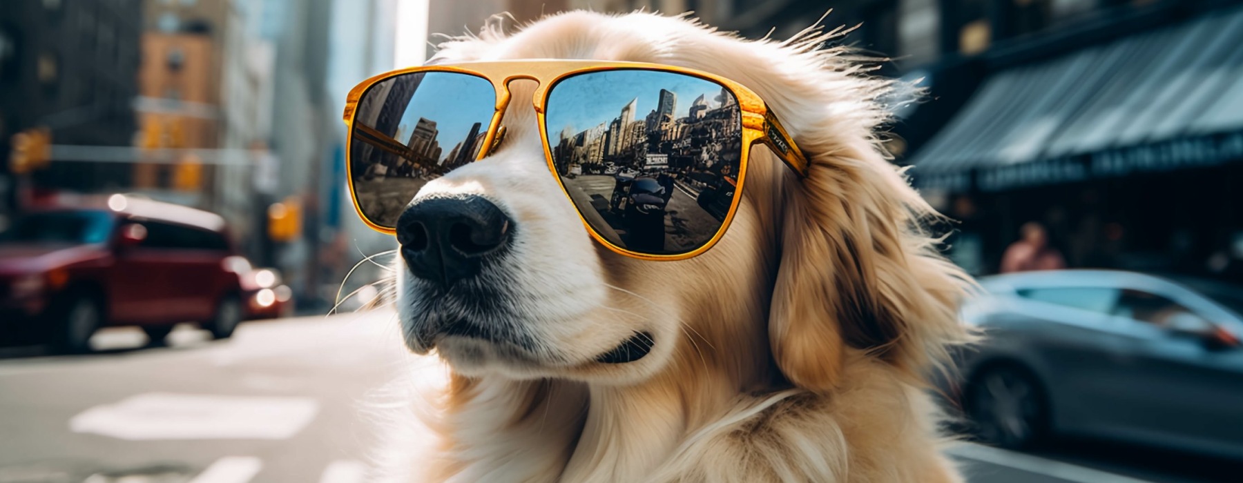 Puppy dog with sunglasses in the city