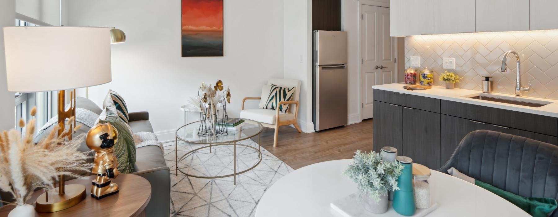 a kitchen with a dining table