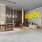 a room with a table and chairs and a front desk