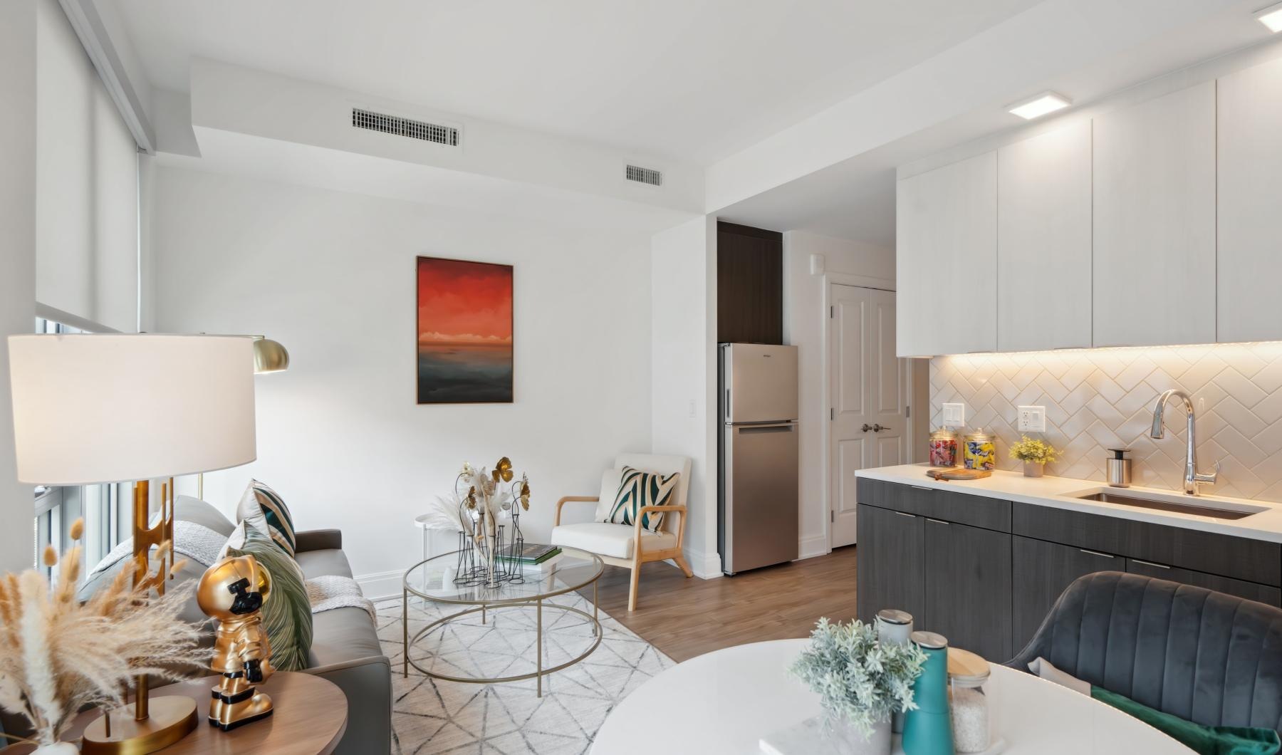 Find your perfect fit at The Kiley a kitchen with a dining table